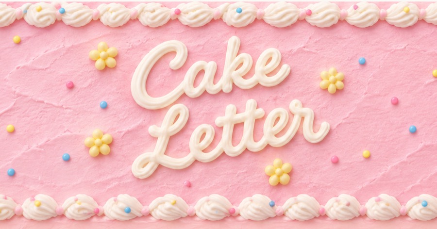 크림 글씨로 Cake Letter라고 쓴 분홍 케이크